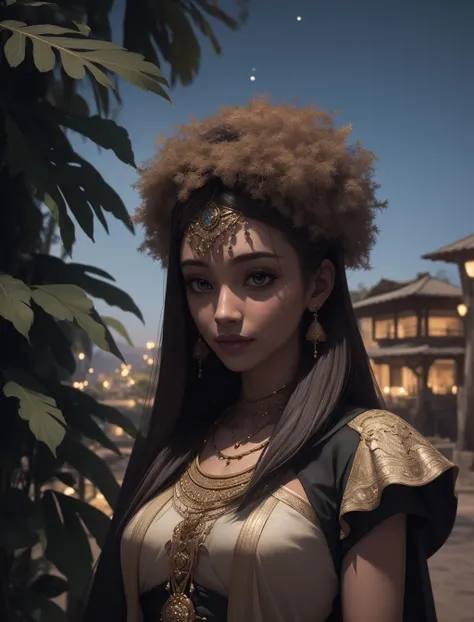 portrait,solo,half shot,looking down,detailed background,detailed face,(tropical jungle theme:1.1) middle-eastern desert warrior,(brown:1.3) armor,tribal motifs,proud stance,north-african culture,lush oasis with palm trees in background,light clouds,night sky,arid climate,cinematic atmosphere,nsfw,