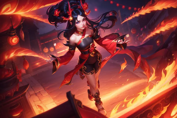 1girl, black hair, night, festival, firecracker, full body shot, shot from high angle, League of Legends Splash Art, beautiful hands, perfect hands, <lora:GoodHands-vanilla:1.3>, <lora:LoLSplashArt-V1.0:0.7>