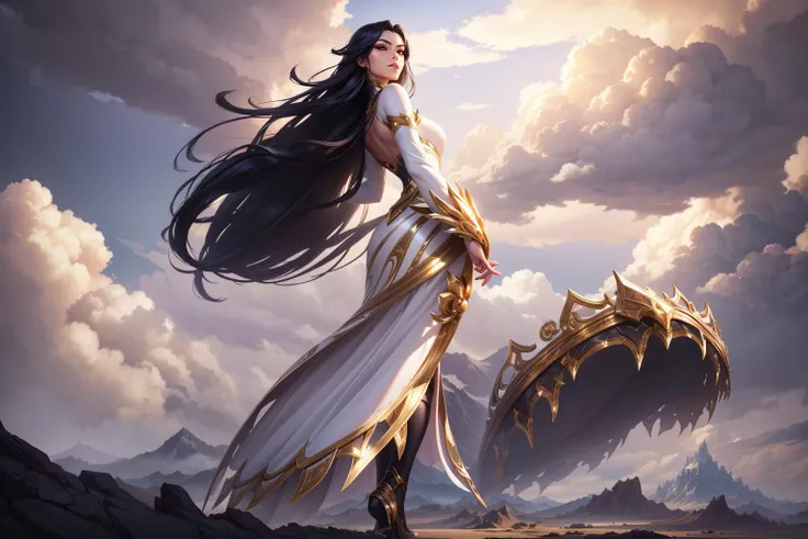 1woman, black hair, [white:golden] dress, clouds, mountain landscape, Immortal_Journey, full body shot, shot from low angle,  beautiful hands, perfect hands, League of Legends Splash Art, <lora:GoodHands-beta2:1>,  <lora:LoLSplashArt-V1.0:0.7>