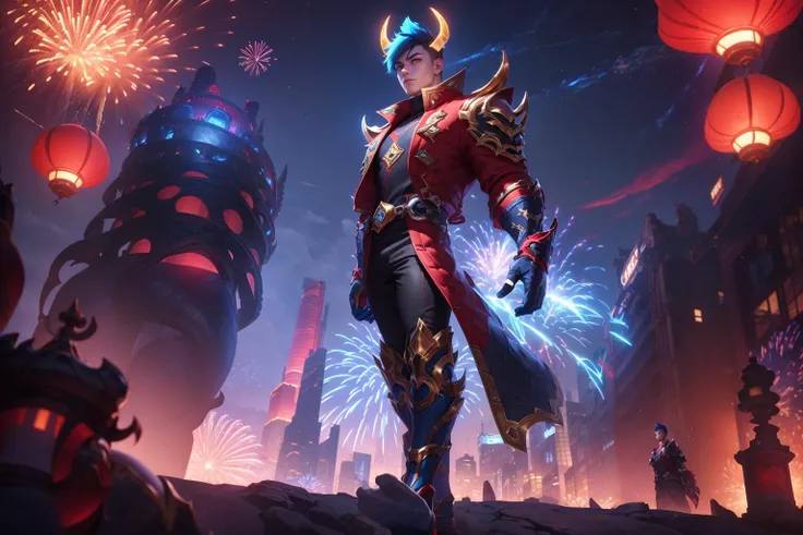 1man, age 18, blue hair, golden horns, [red:black] jacket, (black gloves:1.2), fireworks, skyscraper, lanterns, Lunar_Beast, full body shot, shot from low angle, League of Legends Splash Art, beautiful hands, perfect hands,  <lora:GoodHands-vanilla:1>,  <lora:LoLSplashArt-V1.0:0.7>