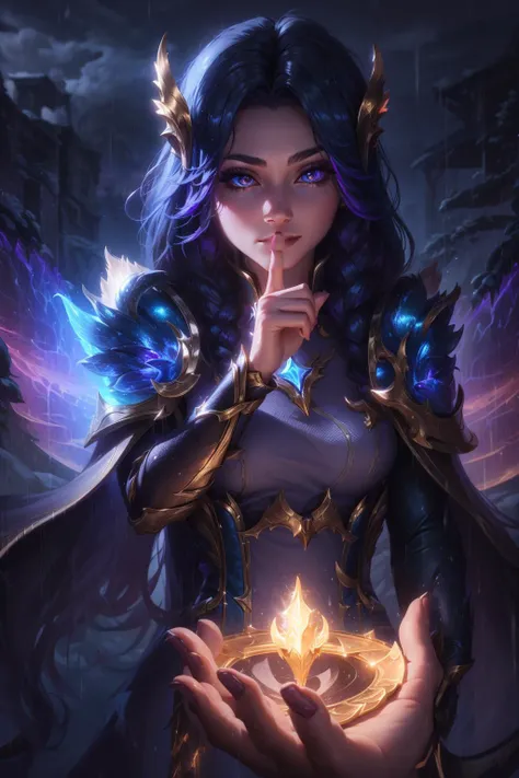 1girl, shushing, rainy night, bright magic, Dawnbringer,  beautiful hands, perfect hands, finger, League of Legends Splash Art, <lora:GoodHands-beta2:1>,  <lora:LoLSplashArt-V1.0:0.7>,   <lora:Saya-shushing:0.9>