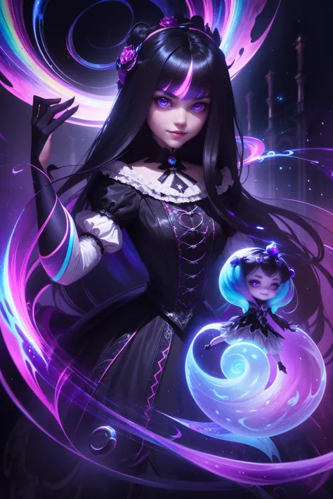 1girl, black flowing hair, white victorian dress, creepy dolls, (prismatic magic:1.2), Fright_Night, Empyrean, dynamic, League of Legends Splash Art, <lora:GoodHands-vanilla:1>, <lora:LoLSplashArt-V1.0:0.7>