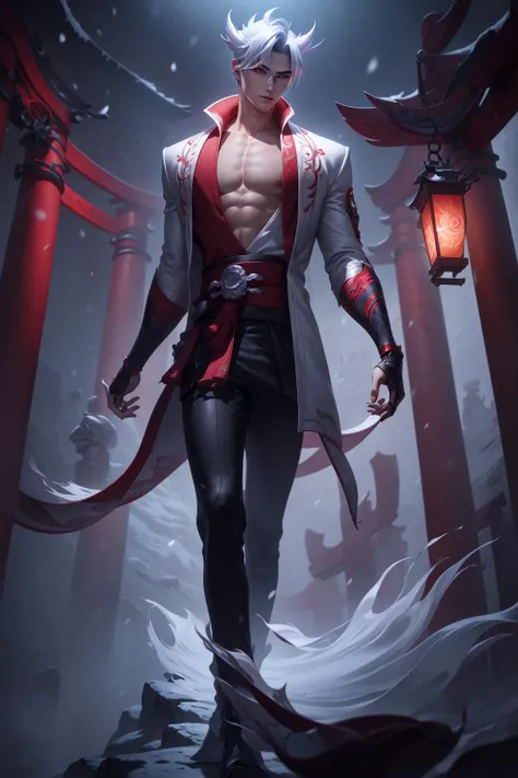 1man, silver hair, white jacket, black pants, barechested, red accents, Torii Gate, mist, fog, Snowmoon , beautiful hands, perfect hands, League of Legends Splash Art, <lora:GoodHands-beta2:1.1>, <lora:LoLSplashArt-V1.0:0.7>