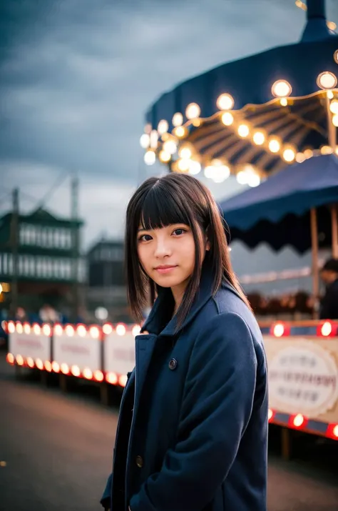 A full color portrait of a 20 year old cute japanese woman,wearing a navy blue coat, bustling county fair, watching shows, dark hair, epic character composition,by ilya kuvshinov, alessio albi, nina masic,sharp focus, subsurface scattering, f2, 35mm, film grain <lora:uehara:1>