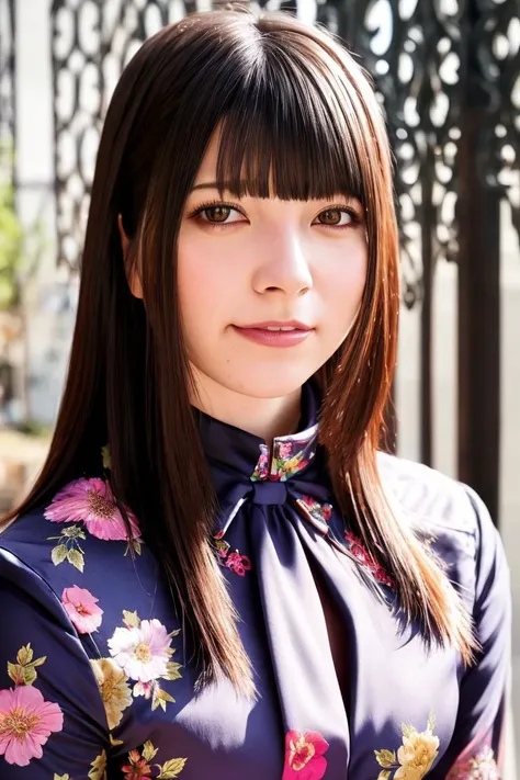 A stunning intricate full color portrait of a woman,wearing a floral high neck blouse, happy, epic character composition,by ilya kuvshinov, alessio albi, nina masic,sharp focus, natural lighting, subsurface scattering, f2, 35mm, film grain , japanese <lora:AiUehara:1>