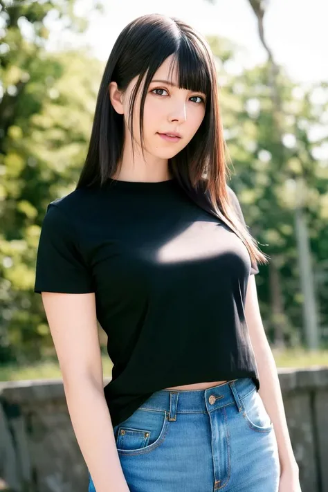 A stunning intricate full color portrait of a woman,wearing a jeans and black t-shirt, happy, epic character composition,by ilya kuvshinov, alessio albi, nina masic,sharp focus, natural lighting, subsurface scattering, f2, 35mm, film grain <lora:AiUehara:1>
