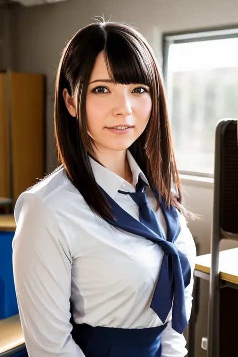 A stunning intricate full color portrait of a woman,wearing a teacher outfit, in a classroom, happy, epic character composition,by ilya kuvshinov, alessio albi, nina masic,sharp focus, natural lighting, subsurface scattering, f2, 35mm, film grain <lora:AiUehara:1>