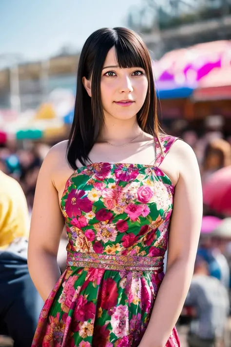 A stunning intricate full color portrait of a woman,wearing a floral dress, crowded fairground, having fun, epic character composition,by ilya kuvshinov, alessio albi, nina masic,sharp focus, natural lighting, subsurface scattering, f2, 35mm, film grain , portait, very detailed skin texture <lora:AiUehara:1>