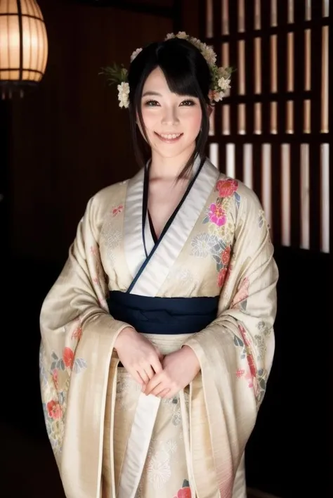 beautiful woman wearing a kimono, at a party <lora:LowRA:0.4>, intricate details, shy <lora:uehara:1>