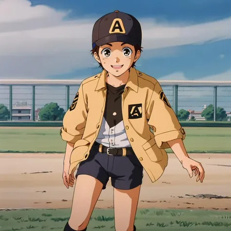 masterpiece,high quality,solo,outdoors,
<lora:alfredizuruha001:0.7>,looking at viewer,smile,
very short hair,alfredizuruha,1shota,
black hair,black eyes,
jacket,
shorts,baseball_cap,