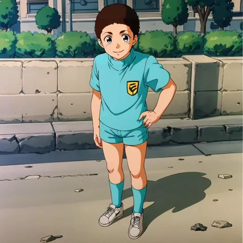 masterpiece,high quality,solo,outdoors,
<lora:alfredizuruha001:0.7>,looking at viewer,smile,
very short hair,alfredizuruha,1shota,
black hair,black eyes,
turtleneck,blue shirt,badge,short sleeves,
shorts,
socks,
shoes,
standing,full body,