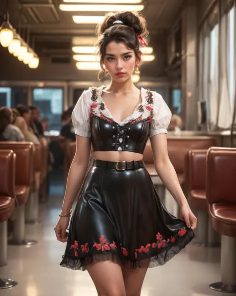 cinematic film still photogenic beautiful woman, leather (bodice, midriff), (laces), shiny, 50s fashion, ((voluminous embroidered hemmed petticoat poodle skirt)), cotton, lace, ((shirtdress)), (hair ribbon),(belt), strict, high ponytail classic diner background, nostalgic vibe, bright colors, cinemascope, detailed, 8k resolution, <lora:LaceUpBodice2-81:0.7>  solo,  walking, best quality, high detail, 4k, 8k resolution photo by Hélène Binet photo by Herb Ritts  earring,  bokeh, film grain,atmospheric lighting,  . shallow depth of field, vignette, highly detailed, high budget, bokeh, cinemascope, moody, epic, gorgeous, film grain, grainy