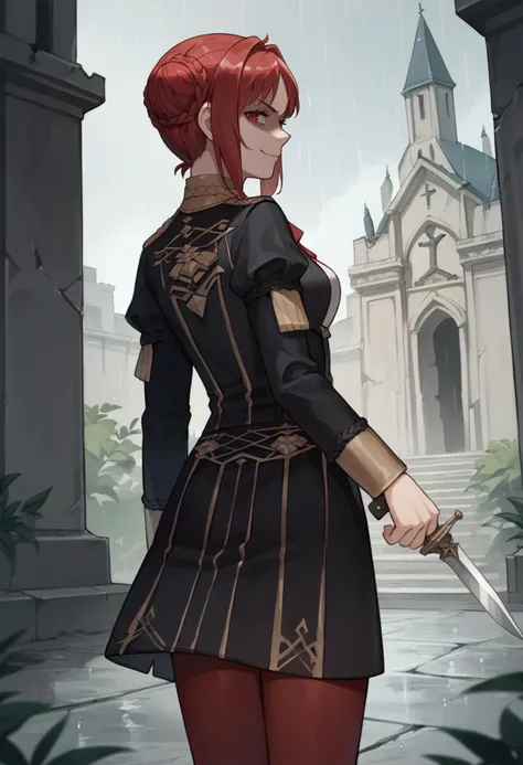 score_9, score_8_up, score_7_up, source_anime, 1girl, from behind, looking back, smug, smirk, holding dagger, shaded face, BREAK <lora:femonica-pdxl-nvwls-v1:1> defMonica, red hair, red eyes, hair bun, braid, black jacket, long sleeves, black skirt, red leggings, outdoors, ruins, church, rain