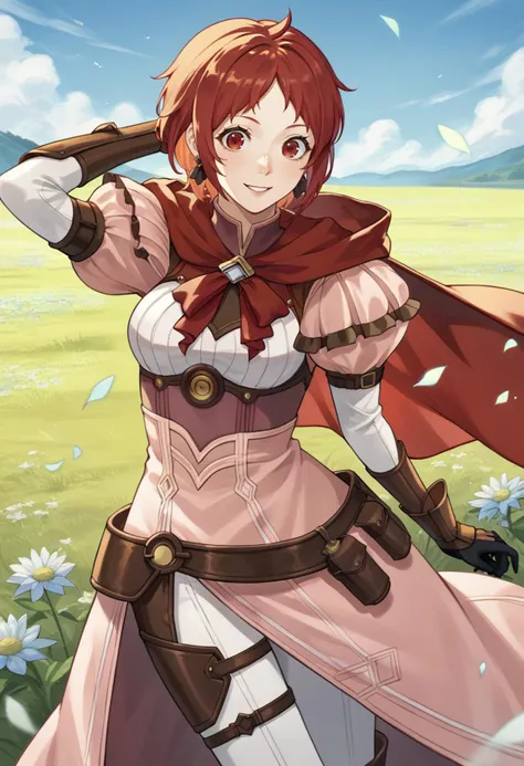 score_9, score_8_up, score_7_up, source_anime, 1girl, arm behind head, looking at viewer, happy, smile, BREAK <lora:femonica-pdxl-nvwls-v1:1> hopesMonica, red hair, red eyes, short hair, earrings, red cape, pink dress, medium breasts, puffy sleeves, bracers, black gloves, white pants, grass, flowers, sky