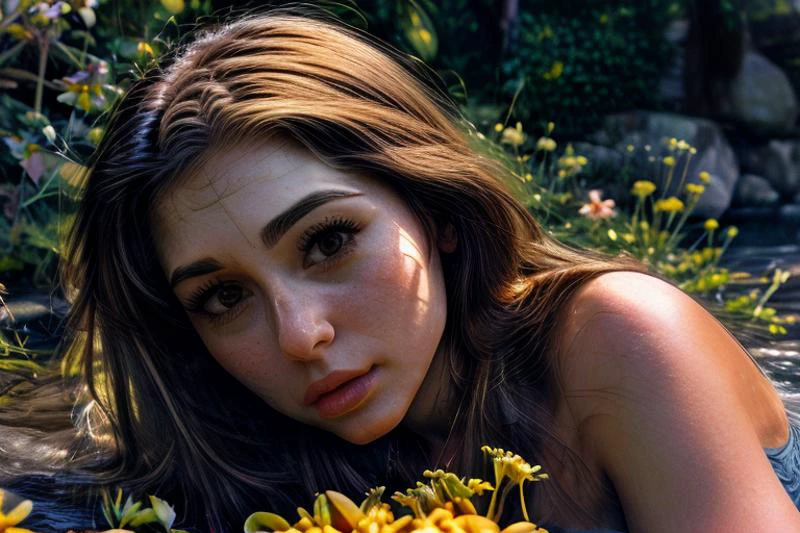 AylaVam, masterpiece, best quality, woman lying down <lora:restfeetup55_rvkwi:1>, jeans, crop top, soles, colorful, on grass, creek, flowers, view from below, m4cr0, pr0f3ss10n4l, <lora:beautiful-detailed-eyes:0.8>, <lora:difConsistency_detail:0.35> <lora:more_details:0.45> <lora:speedy1p5:1.15>