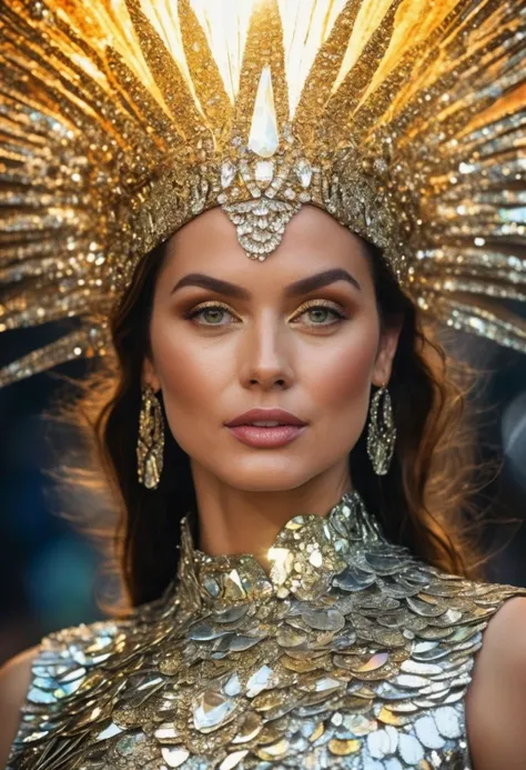 ohwxada woman, Hyperdetailed photograph, facial close up, Goddess of Light, (radiating bright light), (haute couture dress made out of golden and silver iridescent reflective flowing prismatic photonic energy), she has a small divine halo made of pure light, her face is radiant like the sun, sci-fi, fantasy, supreme realism, detailed skin, macro details, cover photo, fascinating composition, sense of warmth, divine aura, sanctity, hard light, she looks like a Brazilian model, extremely beautiful eyes, DSLR, HDR10, digital photography, vibrant vivid prismatic iridescent colors, very sharp details, Canon EOS R5, ambient light, natural lighting, hero lights, award winning photography, masterpiece <lora:anadearmas-ohwxada:1>
