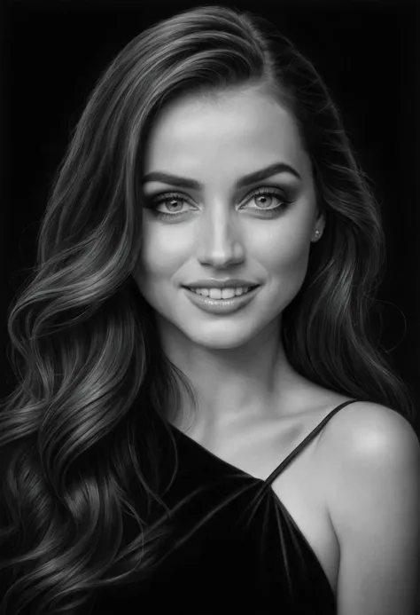 ohwxada woman, slight smile, In this mesmerizing piece of artistry, a bold and striking black and white fine art pencil drawing takes center stage. With meticulous attention to detail, this high-quality and highly detailed image captures the viewer's imagination. It transports them into a realm of fantasy, evoking an enchanting portrayal inspired by visionary styles. This captivating artwork mesmerizes with its intricate beauty and expertly executed technique, immersing the onlooker in a world where imagination knows no bounds. <lora:anadearmas-ohwxada:1>