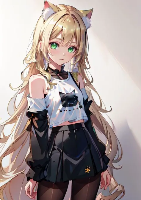 (masterpiece, best quality, high resolution), beautiful body, alluring, wallpaper, perfect lighting, Colorful,ultra highres, photography, 8K, HDR, detailed, 1 girl
<lora:Nasya-000015_safetensors:1>, (long blond hair:1.3), green eyes, cat ears, black pantyhose, black detached sleeves,black long sleeves, small chest, off shoulders, (white T-shirt:1.3),upper body