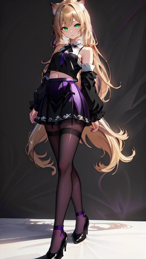 (masterpiece, best quality, high resolution), beautiful body, alluring, wallpaper, perfect lighting, Colorful,ultra highres, photography, 8K, HDR, detailed, 1 girl
<lora:Nasya-000015_safetensors:1>, (long blond hair:1.3), green eyes, cat ears, black pantyhose, black detached sleeves,black long sleeves, small chest, off shoulders, (white T-shirt:1.3), (black skirt:1.6), (Dark purple low-heeled shoes:1.3), full body,