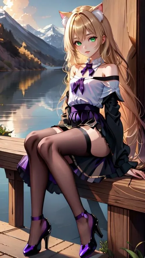 (masterpiece, best quality, high resolution), beautiful body, alluring, wallpaper, perfect lighting, Colorful,ultra highres, photography, 8K, HDR, detailed, 1 girl
<lora:Nasya-000015_safetensors:1>, (long blond hair:1.3), green eyes, cat ears, black pantyhose, black detached sleeves,black long sleeves, small chest, off shoulders, (white T-shirt:1.3), (black skirt:1.6), (Dark purple low-heeled shoes:1.3), full body, Sitting on water, lake, wawes