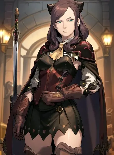 best quality, (masterpiece),(ultra-detailed), (high quality), (high resolution), <lora:eveb-10:0.7>,1girl, armor, brown hair, cape, dress, eve belduke, gloves, green eyes, long hair, parody, pillarboxed, solo, sword, thighhighs, upper body