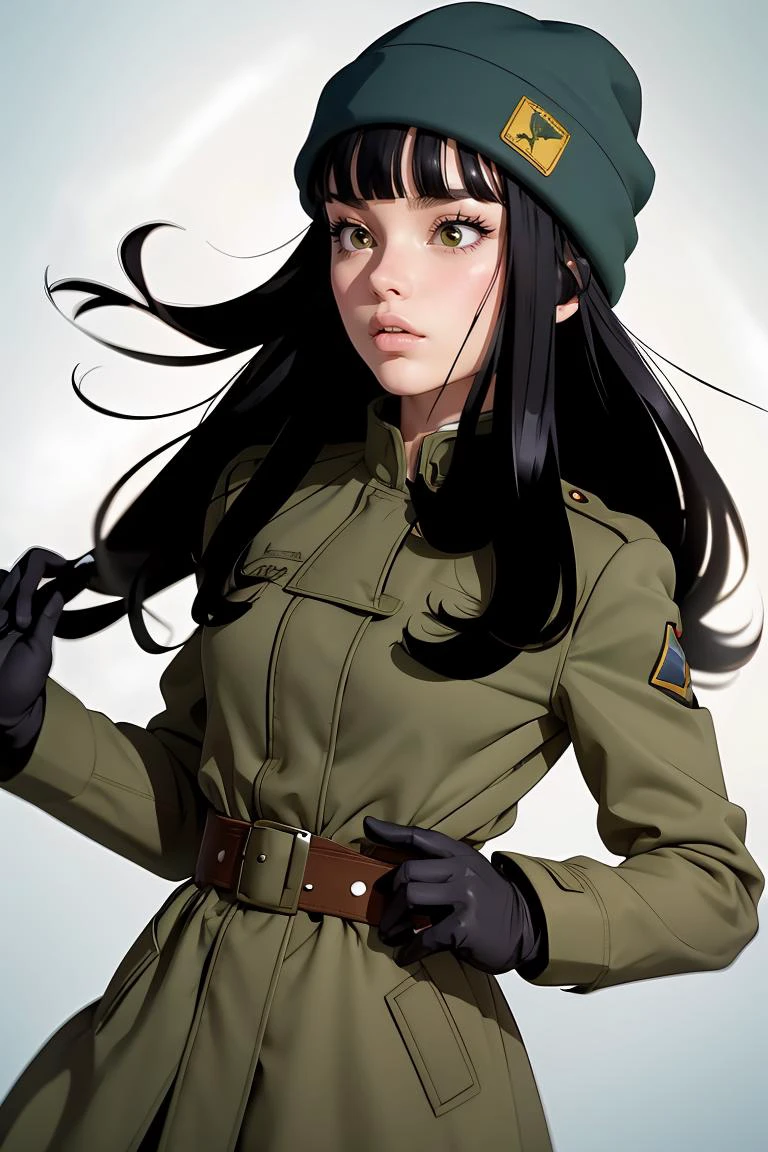 (masterpiece, best quality), 1girl, <lora:DBS_Future_Mai_v1:0.8> mai, 1girl, solo, black eyes, black hair, long hair, blunt bangs, straight hair, floating hair,, hat, green headwear, beanie, , black gloves, belt, uniform, long sleeves, military uniform, blue coat, trench coat, pants,