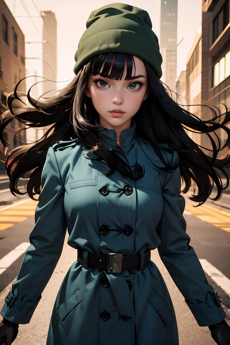 (masterpiece, best quality), 1girl, <lora:DBS_Future_Mai_v1:0.8> mai, 1girl, solo, black eyes, black hair, long hair, blunt bangs, straight hair, floating hair,, hat, green headwear, beanie, , black gloves, belt, uniform, long sleeves, military uniform, blue coat, trench coat, pants,