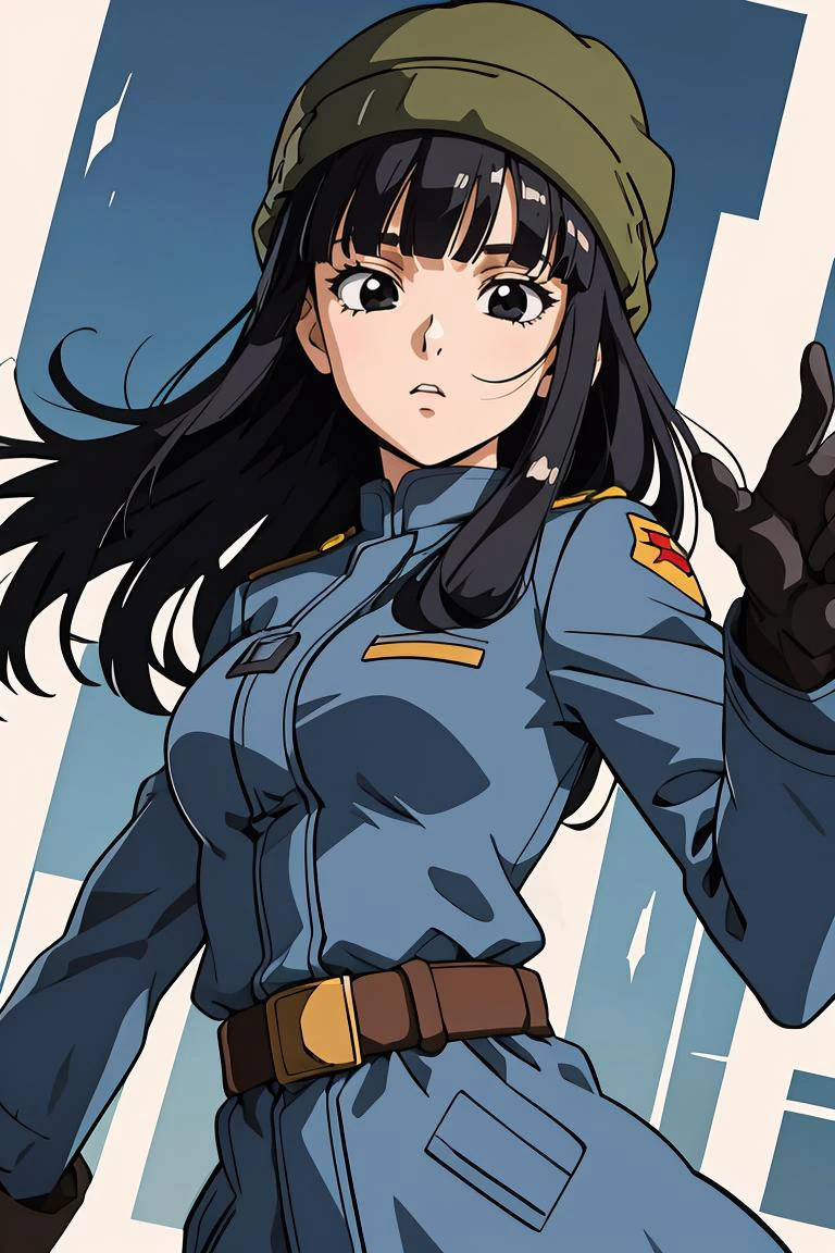 (masterpiece, best quality), 1girl, <lora:DBS_Future_Mai_v1:0.8> mai, 1girl, solo, black eyes, black hair, long hair, blunt bangs, straight hair, floating hair,, hat, green headwear, beanie, , black gloves, belt, uniform, long sleeves, military uniform, blue coat, trench coat, pants,