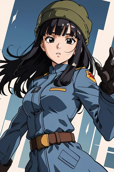 (masterpiece, best quality), 1girl,  <lora:DBS_Future_Mai_v1:0.8> mai, 1girl, solo, black eyes, black hair, long hair, blunt bangs, straight hair, floating hair,, hat, green headwear, beanie, , black gloves, belt, uniform, long sleeves, military uniform, blue coat, trench coat, pants,