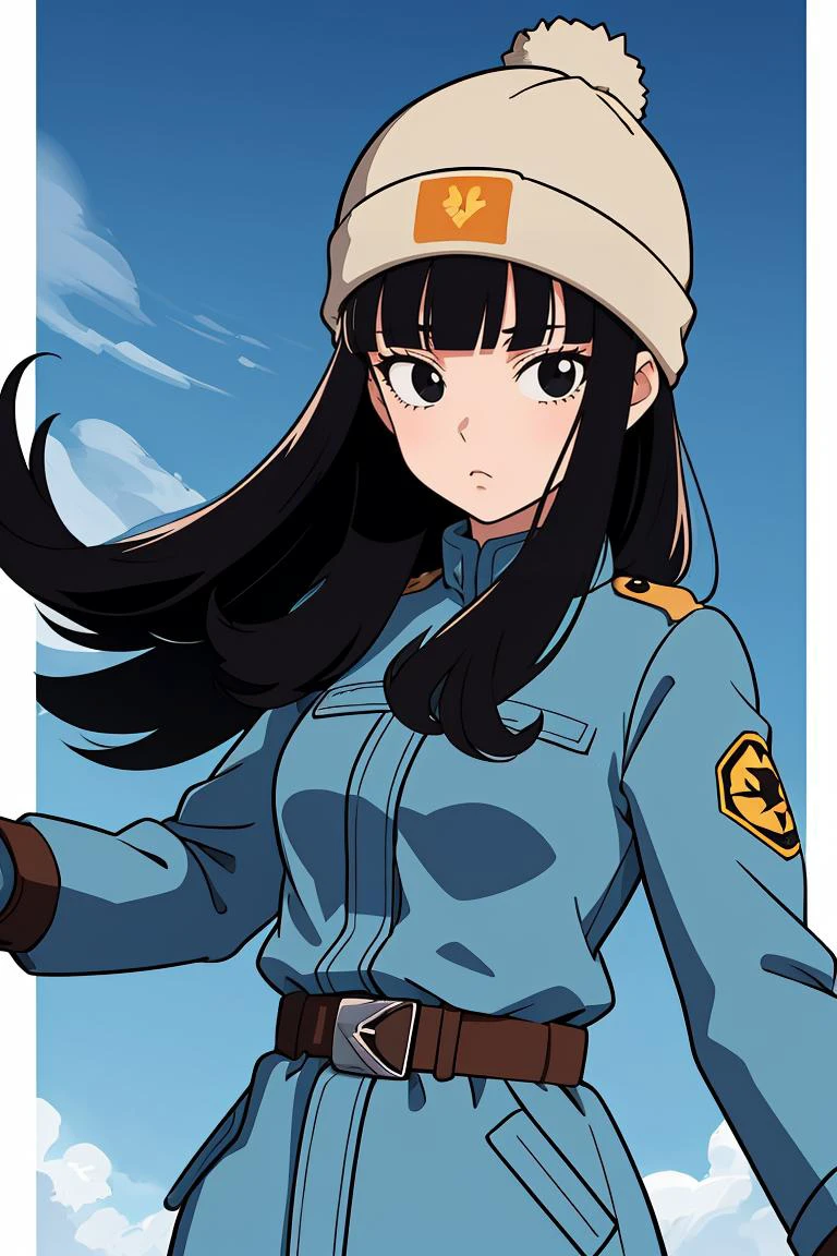 (masterpiece, best quality), 1girl, <lora:DBS_Future_Mai_v1:0.8> mai, 1girl, solo, black eyes, black hair, long hair, blunt bangs, straight hair, floating hair,, hat, green headwear, beanie, , black gloves, belt, uniform, long sleeves, military uniform, blue coat, trench coat, pants,