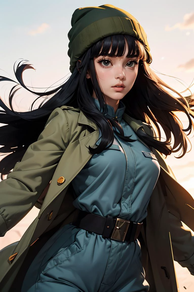 (masterpiece, best quality), 1girl, <lora:DBS_Future_Mai_v1:0.8> mai, 1girl, solo, black eyes, black hair, long hair, blunt bangs, straight hair, floating hair,, hat, green headwear, beanie, , black gloves, belt, uniform, long sleeves, military uniform, blue coat, trench coat, pants,