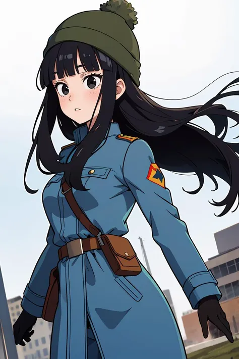 (masterpiece, best quality), 1girl,  <lora:DBS_Future_Mai_v1:0.8> mai, 1girl, solo, black eyes, black hair, long hair, blunt bangs, straight hair, floating hair,, hat, green headwear, beanie, , black gloves, belt, uniform, long sleeves, military uniform, blue coat, trench coat, pants,