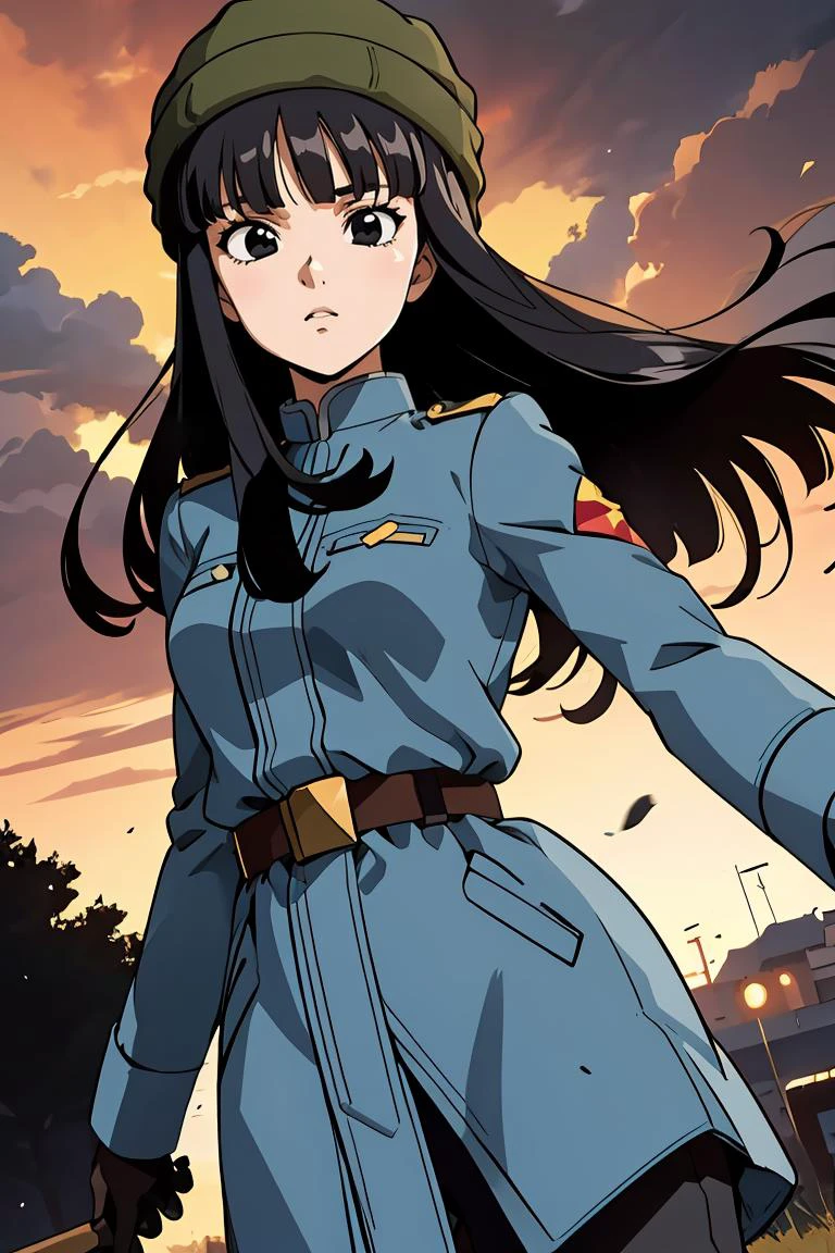 (masterpiece, best quality), 1girl, <lora:DBS_Future_Mai_v1:0.8> mai, 1girl, solo, black eyes, black hair, long hair, blunt bangs, straight hair, floating hair,, hat, green headwear, beanie, , black gloves, belt, uniform, long sleeves, military uniform, blue coat, trench coat, pants,
