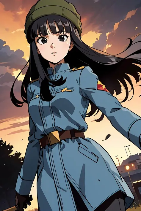 (masterpiece, best quality), 1girl,  <lora:DBS_Future_Mai_v1:0.8> mai, 1girl, solo, black eyes, black hair, long hair, blunt bangs, straight hair, floating hair,, hat, green headwear, beanie, , black gloves, belt, uniform, long sleeves, military uniform, blue coat, trench coat, pants,