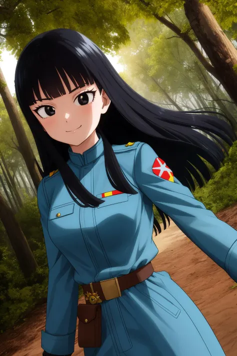 mai, 1girl, solo, black eyes, black hair, long hair, blunt bangs, straight hair, floating hair, 
black gloves, belt, uniform, long sleeves, military uniform, blue coat, trench coat, pants,
smile,closed mouth,cowboy shot,
forest,outdoor,
(insanely detailed, beautiful detailed face, masterpiece, best quality) cinematic lighting,<lora:DBS_Future_Mai_v1:1>, <lora:more_details:0.3>,