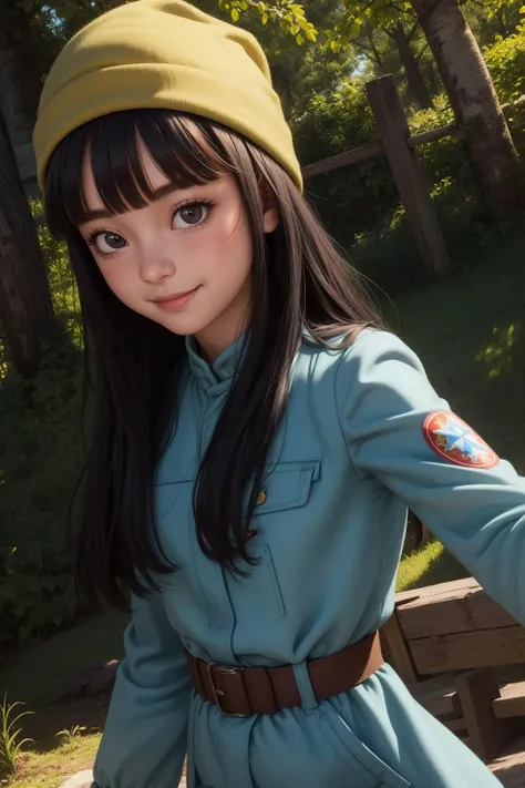 mai, 1girl, solo, black eyes, black hair, long hair, blunt bangs, straight hair, floating hair, hat, green headwear, beanie, 
black gloves, belt, uniform, long sleeves, military uniform, blue coat, trench coat, pants, 
smile,closed mouth,cowboy shot,
forest,outdoor,
(insanely detailed, beautiful detailed face, masterpiece, best quality) cinematic lighting,<lora:DBS_Future_Mai_v1:1>, <lora:more_details:0.3>,