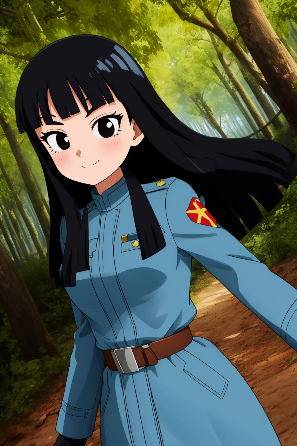 mai, 1girl, solo, black eyes, black hair, long hair, blunt bangs, straight hair, floating hair,
black gloves, belt, uniform, long sleeves, military uniform, blue coat, trench coat, pants,
smile,closed mouth,cowboy shot,
forest,outdoor,
(insanely detailed, beautiful detailed face, masterpiece, best quality) cinematic lighting,<lora:DBS_Future_Mai_v1:1>, <lora:more_details:0.3>,