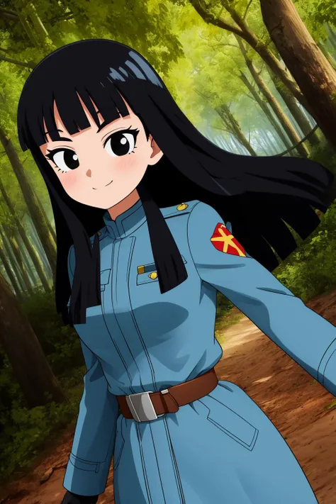 mai, 1girl, solo, black eyes, black hair, long hair, blunt bangs, straight hair, floating hair, 
black gloves, belt, uniform, long sleeves, military uniform, blue coat, trench coat, pants,
smile,closed mouth,cowboy shot,
forest,outdoor,
(insanely detailed, beautiful detailed face, masterpiece, best quality) cinematic lighting,<lora:DBS_Future_Mai_v1:1>, <lora:more_details:0.3>,