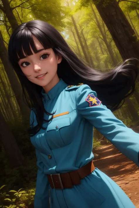 mai, 1girl, solo, black eyes, black hair, long hair, blunt bangs, straight hair, floating hair,
black gloves, belt, uniform, long sleeves, military uniform, blue coat, trench coat, pants,
smile,closed mouth,cowboy shot,
forest,outdoor,
(insanely detailed, beautiful detailed face, masterpiece, best quality) cinematic lighting,<lora:DBS_Future_Mai_v1:1>, <lora:more_details:0.3>,