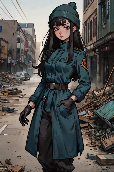 mai, black eyes, long black hair, blunt bangs, green beanie, military uniform, black gloves, belt, long sleeves, blue trench coat, pants, looking at viewer, serious, standing, outside, city, apocalypse, rubble, high quality, masterpiece, <lora:DBS_Future_Mai_v1:.8>