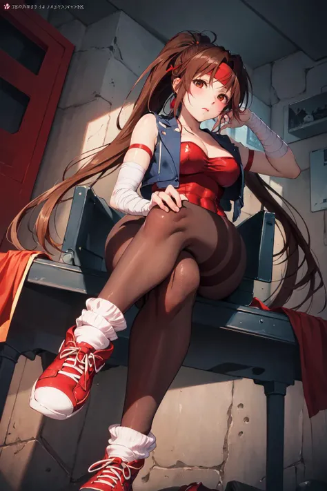 (masterpiece, top quality, best quality, official art, beautiful and aesthetic:1.2), (1girl:1.3), (fractal art:1.3), solo,
deep brown pantyhose, brown hair, leotard, sneakers, ponytail, long hair, red headband, shoes, breasts, brown eyes, red leotard, cleavage, bandages, covered navel, loose socks, vest,toned,
(Cinmatic:0.4),looking at viewer, from below, sitting, crossed legs,
<lora:tia:0.8>