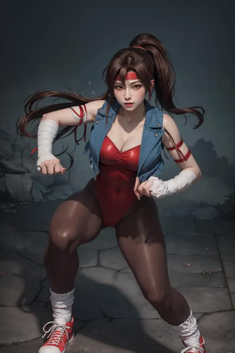(masterpiece, top quality, best quality, official art, beautiful and aesthetic:1.2), (1girl:1.3), (fractal art:1.3), solo, 
deep brown pantyhose, brown hair, red headband,brown eyes, red leotard, 
leotard, sneakers, ponytail, long hair, shoes, breasts, cleavage, bandages, covered navel, loose socks, vest,toned, (Cinmatic:0.4),
looking at viewer, fighting stance, 
<lora:tia:0.9>