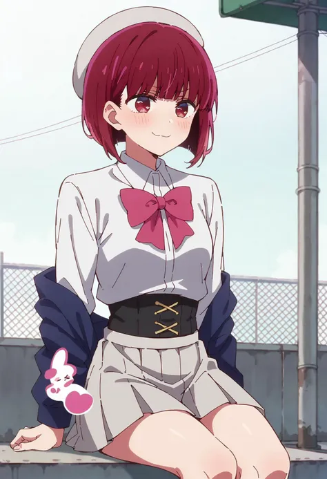 score_9,score_8_up,score_7_up, 1girl, outdoors, petite, blush, arimakana, red hair, short hair, red eyes, bob cut, BREAK hat, school uniform, white shirt, blue jacket, pink bow, black corset, white skirt, thighs, <lora:arimakana:0.9>, smug, sitting