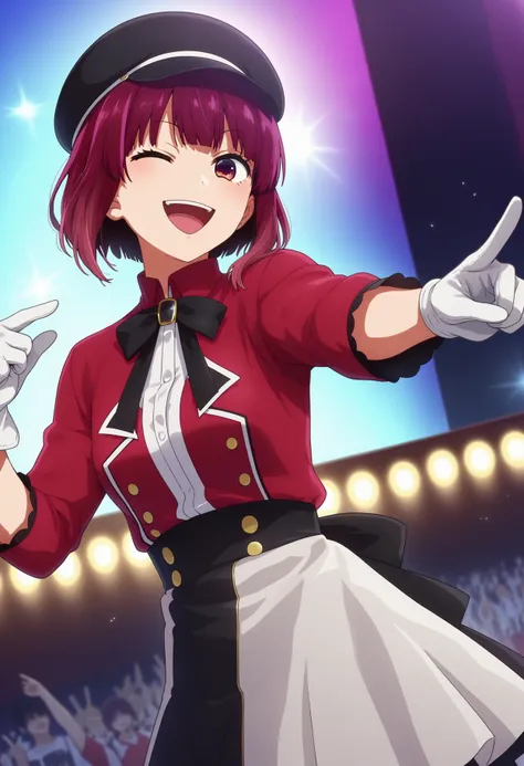 score_9, score_8_up, score_7_up, score_6_up, score_5_up, score_4_up, best quality, high quality, rating_explicit, source_anime, digital illustration, pixiv, BREAK
1girl, arima kana, oshi no ko, solo, idol, idol clothes, one eye closed, red shirt, black skirt, black headwear, gloves, stage light, singing, open mouth, crowd, smile, pointing at viewer,
pija \(pianiishimo\), ikuchan kaoru, (hero neisan:0.67), (takeda hiromitsu:1.2),  <lora:arimakana:0.8> arimakana