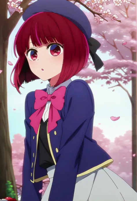 <lora:arimakana_ponyxl_v4:1>, 1girl, arimakana, blue hat, beret, school uniform, white collared shirt, blue jacket, black vest, grey skirt, pink bow, looking at viewer, tree, cherry blossoms, falling petals, detailed background,
BREAK
score_9, score_8_up, score_7_up, score_6_up, score_5_up, score_4_up, anime, screencap