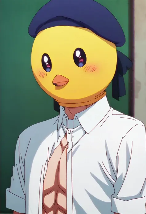 <lora:arimakana_ponyxl_v4:1>, pieyon, solo, muscular male, bird mask, looking at viewer, blue hat, beret, white collared shirt, open shirt, blush,
BREAK
score_9, score_8_up, score_7_up, score_6_up, anime, screencap, rating_safe