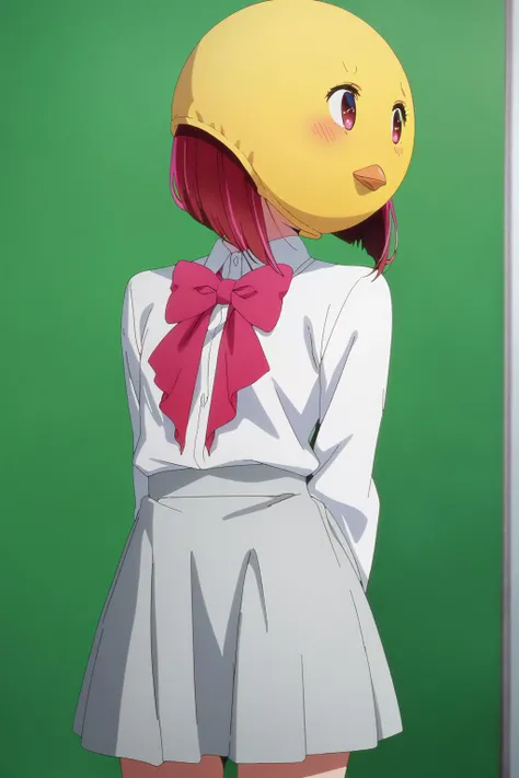 <lora:arimakana_ponyxl_v4:1>, 1girl, arimakana, bird mask, solo, standing, unworn mask, white collared shirt, arms behind back, grey skirt, contrapposto, pink bowtie, (green screen:1.2), (green background:1.2), cowboy shot, looking away, blush,
BREAK
score_9, score_8_up, score_7_up, score_6_up, anime, screencap