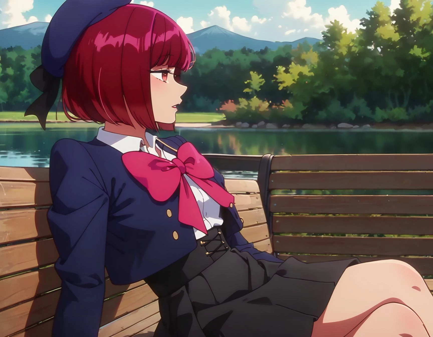 score_9, score_8_up, score_7_up, anime, uncensored,
<lora:arimakana:1> 1girl, arimakana, red hair, short hair, red eyes, half-closed eyes, bob cut,
beret, school uniform, white shirt, blue jacket, pink bow, black corset, white skirt, cropped jacket,
lake, sitting on bench, park bench, outdoors,
movie set, movie shoot, studio, movie