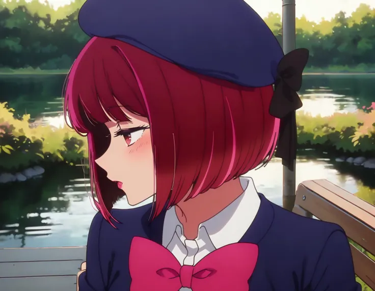 score_9, score_8_up, score_7_up, anime, uncensored, 
<lora:arimakana:1> 1girl, arimakana, red hair, short hair, red eyes, half-closed eyes, bob cut,
beret, school uniform, white shirt, blue jacket, pink bow, black corset, white skirt, cropped jacket,
lake, sitting on bench, park bench, outdoors,
movie set, movie shoot, studio, movie