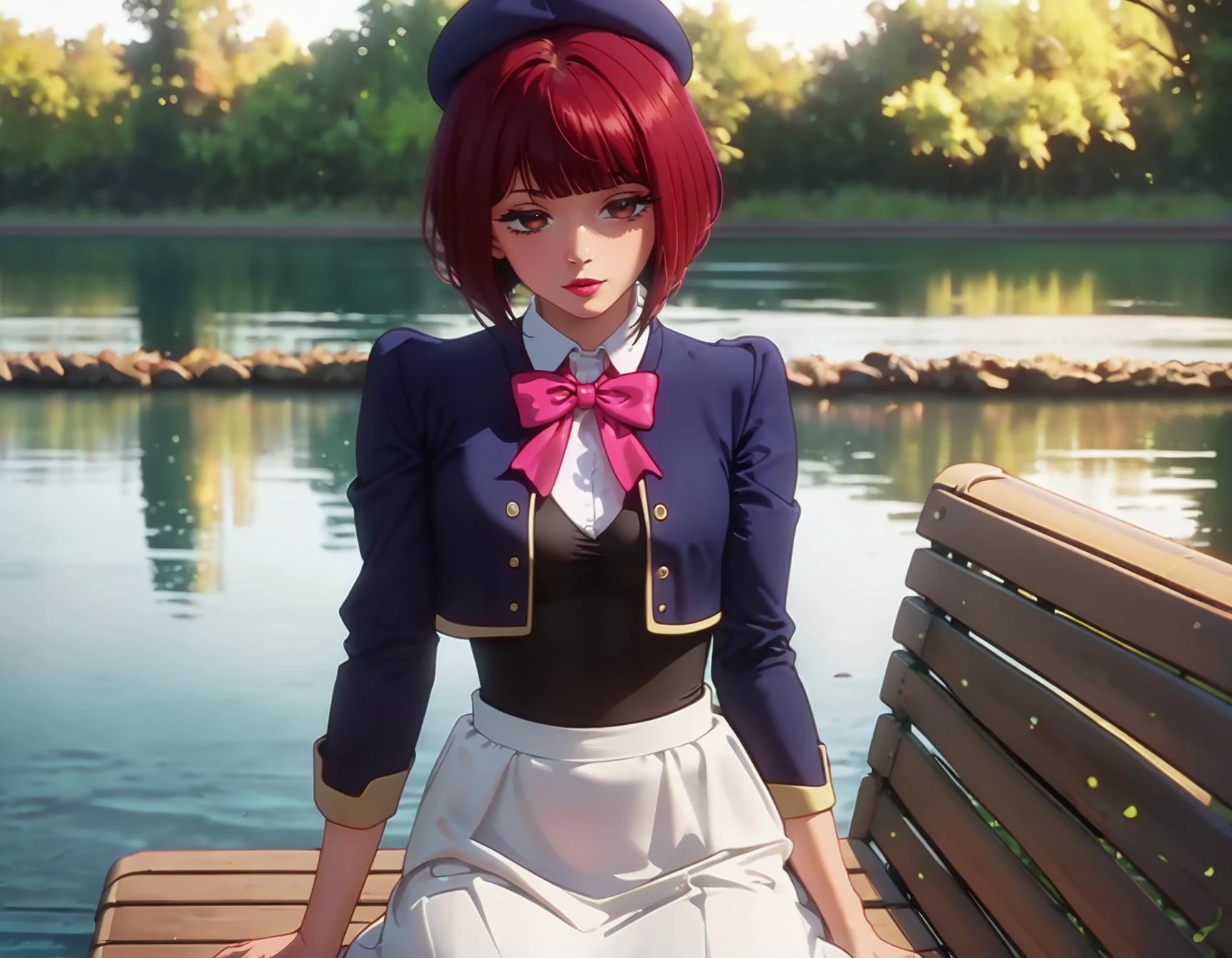 score_9, score_8_up, score_7_up, anime, uncensored,
<lora:arimakana:1> 1girl, arimakana, red hair, short hair, red eyes, half-closed eyes, bob cut,
beret, school uniform, white shirt, blue jacket, pink bow, black corset, white skirt, cropped jacket,
lake, sitting on bench, park bench, outdoors,
movie set, movie shoot, studio, movie